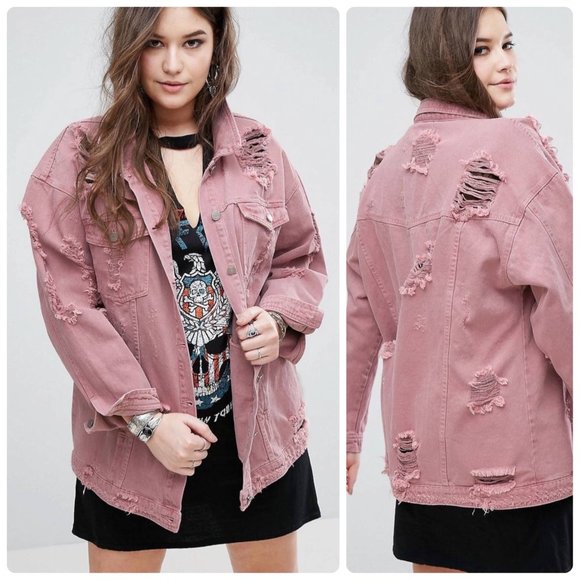 Missguided‎ Mauve Pink Ripped Distressed Boyfriend Jean Jacket, sz 4, EUC - Picture 1 of 8
